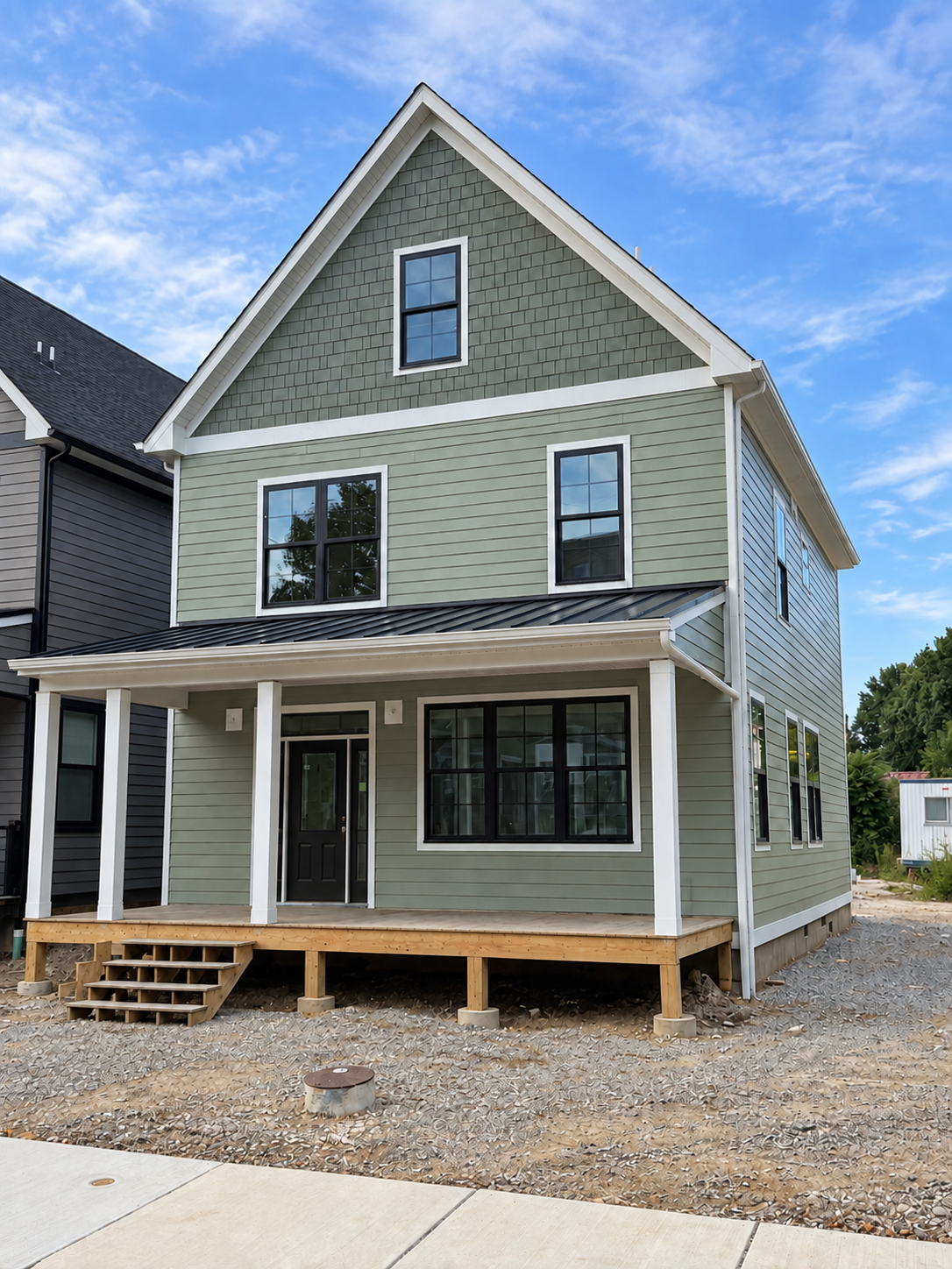 Edited exterior photograph of a sage-sided Courtyards by Frick Park home with a black front door during construction