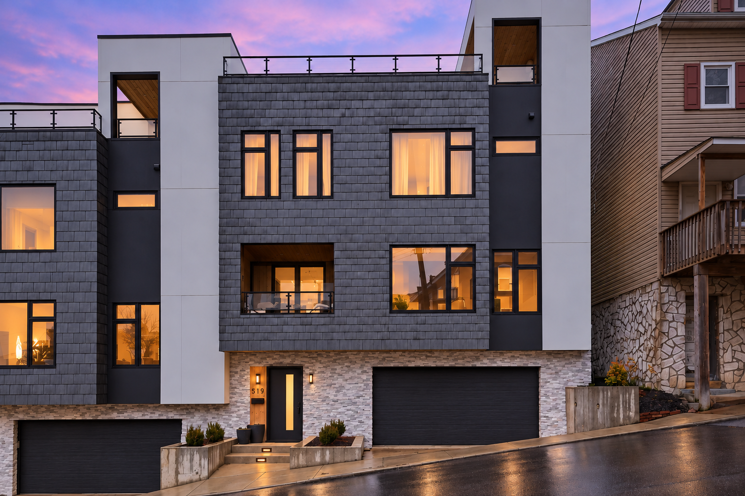 Twilight edit of the completed facade at 519 54th Street in Lawrenceville
