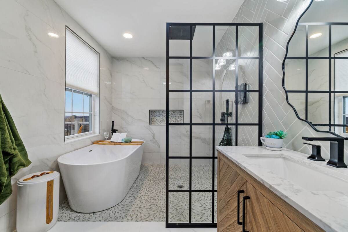 130 Prospect Street · Bathroom with a freestanding tub and glass shower