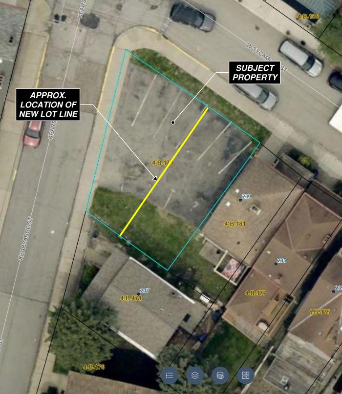 Aerial map of 239 West Sycamore Street at Kearsarge Street, with the subject parking-lot parcel outlined and an approximate proposed lot division marked